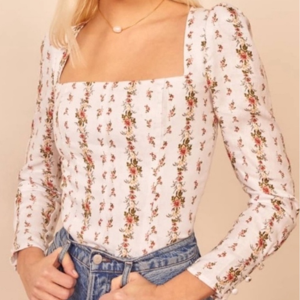 Reformation Fillmore Poppyseed Floral Square Neck Linen Top